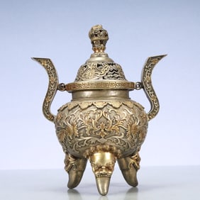 A Exquisite Gilt Silver Lotus Pattern Double-Ears and Tripod Censer