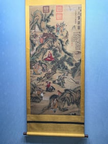 A Chinese Vertical Scroll Ink Painting of Character and Story on Silk