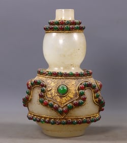 An Exquisite Glass Gilt Inlaid Gems Gourd-Shaped Vase