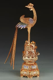 An Exquisite Gilt Bronze Inlaid Gems Phoenix Ornament