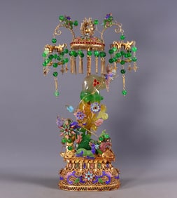 An Exquisite Gilt Bronze Inlaid Jadeite Flower and Bird Pattern Ornament