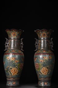 A Pair of Exquisite Cloisonne Lotus Pattern Flower and Butterfly Pattern Double-Ears Vase