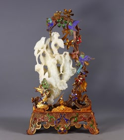 An Exquisite Gilt Bronze Inlaid White Jade Flower and Bird Pattern Ornament