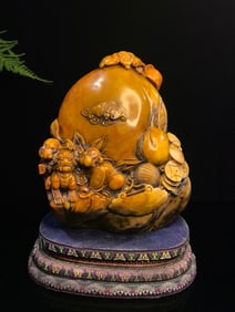 An Exquisite Shoushan Stone Auspicious Beast PatternFigure Pattern Bats and Peach Pattern Seal