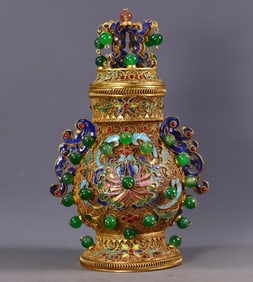 An Exquisite Gilt Bronze Inlaid Gems Flower Pattern Jar