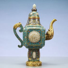 A Exquisite Cloisonne Inlaid White Jade Lotus Pattern Bats and Peach Pattern Dragon Pattern Ewer