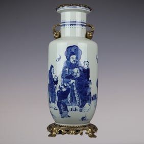 An Exquisite Blue and White Inlaid Bronze Character and Story Pattern Double-Ears Vase