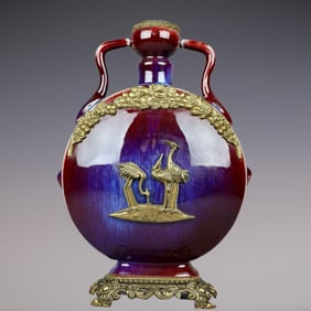An Exquisite Flambe Glazed Inlaid Bronze Flower and Bird Pattern Double-Ears Vase