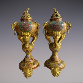 A Pair of Exquisite Cloisonne Lotus Pattern Dragon Pattern Double-Ears and Tripod Censer Ornament