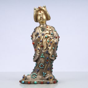 A Exquisite Gilt Silver Inlaid Gems Figures Ornament