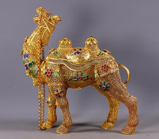 An Exquisite Gilt Bronze Inlaid Gems Lotus Pattern Camel Ornament