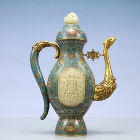A Exquisite Cloisonne Inlaid White Jade Lotus Pattern Bats and Peach Pattern Ewer