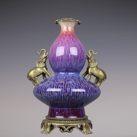 An Exquisite Flambe Glazed Inlaid Bronze Gourd-Shaped Double-Ears Vase