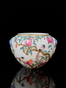 An Exquisite Famille-Rose Painted Gold Bats and Peach Pattern Flower and Bird Pattern Double-Ears