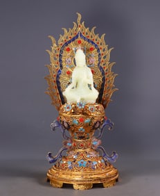 An Exquisite Gilt Bronze Inlaid White Jade Lotus Pattern Buddha Statue