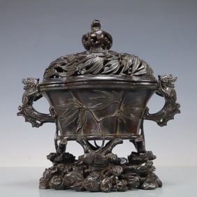 A Exquisite Zitanwood Bamboo Pattern Double-Ears Censer