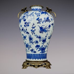 An Exquisite Blue and White Inlaid Bronze Flower Pattern Double-Ears Vase