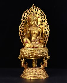 An Exquisite Gilt Bronze Inlaid Gems Buddha Statue