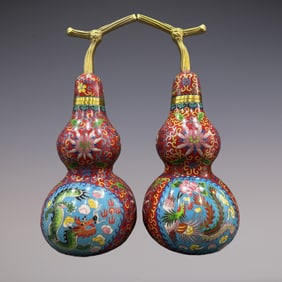A Pair of Exquisite Cloisonne Dragon and Phoenix Pattern Lotus Pattern Gourd-Shaped Vase Ornament
