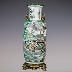 An Exquisite Wucai Inlaid Bronze Character and Story Pattern Double-Ears Vase