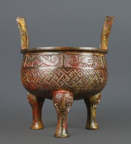 A Exquisite Bronze Beast-Face Pattern -With Inscription Double-Ears and Tripod Censer