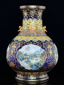 A Pair of Exquisite Ji Blue Glazed Painted Gold Lotus Pattern Landscape and Figure Pattern