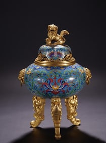 A Exquisite Cloisonne Lotus Pattern Dragon Pattern Double-Ears and Tripod Censer