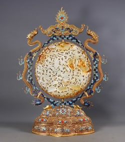 An Exquisite Gilt Bronze Inlaid White Jade Flower and Bird Pattern Screen Ornament