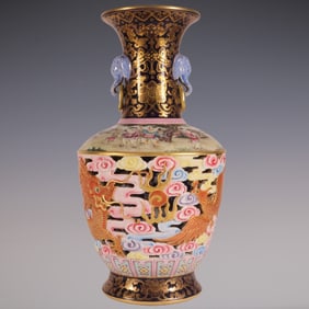 An Exquisite Enamel Ji Blue Glazed Painted Gold Dragon and Phoenix Pattern Character and Story