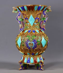 An Exquisite Gilt Bronze Inlaid Gems Double-Ears Vase