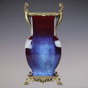 An Exquisite Flambe Glazed Inlaid Bronze Double-Ears Vase