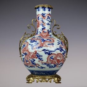 An Exquisite Blue and White Underglaze-Red Inlaid Bronze Dragon Pattern Seawater Pattern Double-Ears