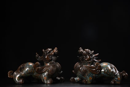 A Pair of Exquisite Cloisonne Lotus Pattern Auspicious Beast Ornament