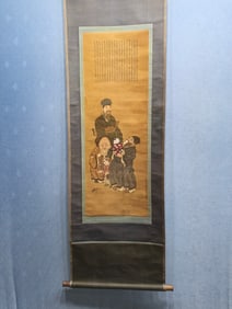 A Chinese Vertical Scroll Ink Painting of Character and Story on Silk