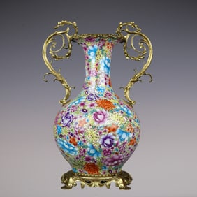 An Exquisite Famille-Rose Inlaid Bronze Flower Pattern Double-Ears Vase