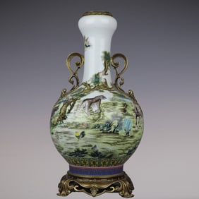 An Exquisite Famille-Rose Inlaid Bronze Auspicious Beast Pattern with poem Double-Ears Vase