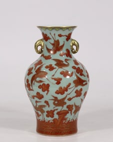 An Exquisite Celadon Glazed Iron-Red Painted Gold Crane Pattern Double-Ears Vase
