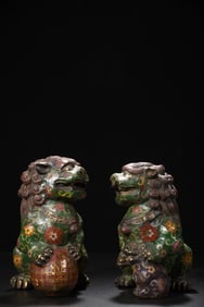 A Pair of Exquisite Cloisonne Lotus Pattern Lion Ornament