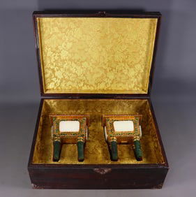 A Pair of Exquisite Gilt Bronze Inlaid White Jade Inlaid Jasper Lotus Pattern Double-Ears Censer