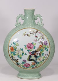 An Exquisite Famille-Rose Celadon Glazed Lotus Pattern Flower and Bird Pattern Double-Ears Vase