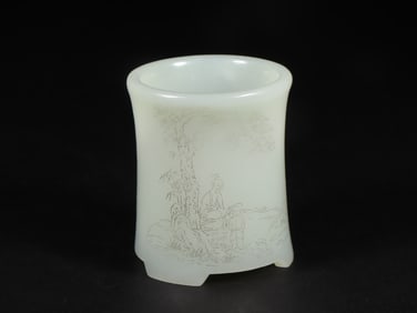 An Exquisite White Jade Landscape and Figure Pattern with poem Brush Pot