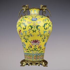 An Exquisite Famille-Rose Inlaid Bronze Lotus Pattern Double-Ears Vase