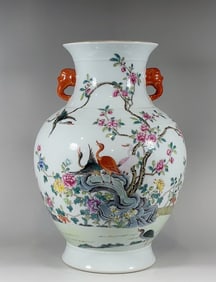 An Exquisite Famille-Rose Flower and Bird Pattern with poem Double-Ears Vase