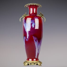 An Exquisite Flambe Glazed Inlaid Bronze Double-Ears Vase