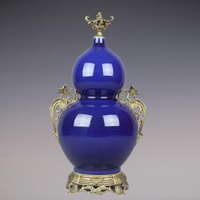 An Exquisite Ruby Blue-Glazed Inlaid Bronze Gourd-Shaped Double-Ears Vase