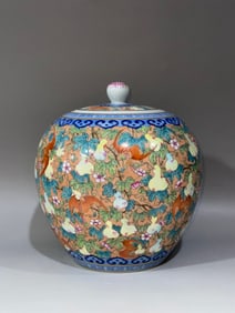 An Exquisite Famille-Rose Blue and White Painted Gold Bats and Peach Pattern Jar