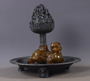An Exquisite Silver Inlaid White Jade Auspicious Beast Censer
