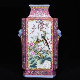 A Huge Famille-Rose Ruby Red-Glazed Flower and Bird Pattern Beast-Ears Vase
