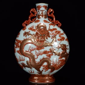 A Huge Sky Blue Glazed Iron-Red Glazed Painted Gold Auspicious Cloud and Dragon Pattern Dragon-Ears
