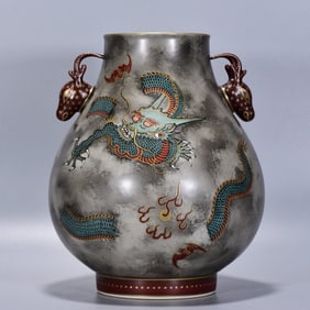 An Exquisite Ink Color Painted Gold Auspicious Cloud and Dragon Pattern Deer-Ears Vase?With Poem